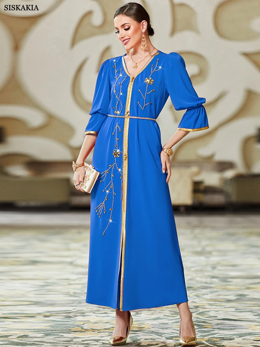 

Floral Rhinestone Lace Tape Belted Satin Dresses Flare Sleeve Kaftan Abaya Muslim Women's Long Dress Jalabiyat Ramadan 2023