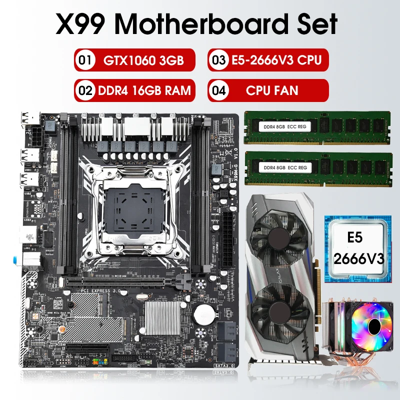 

X99 Motherboard Processor and Memory Kit XEON E5 2666 V3 2 * 8GB =16GB DDR4 RECC RAM GTX1060 3GB Video Card CPU FAN Set