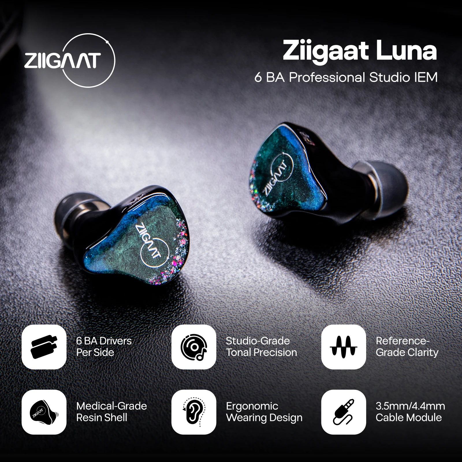 Фото Наушники Linsoul ZiiGaat Luna 6BA Studio IEM Monitor, изготовленные вручную, высококачественные Hi-Fi наушники со сменным 2-контактным кабелем №3