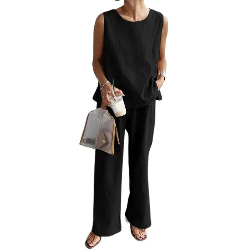 

2022 Summer 1 Set Top Pants Sets Women Solid Color Split Elegant Loose Crew Neck Outfit Women Two Piece Outfit Streetwear