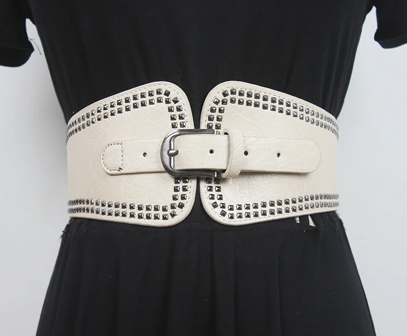Women's Runway Fashion Rivet PU Leather Elastic Cummerbunds Female Dress Corsets Waistband Belts Decoration Wide Belt R532