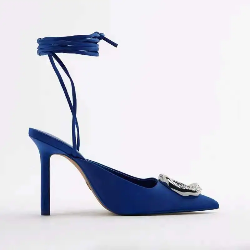 TRAF Women Pumps Fashion Blue Metallic Sexy Stiletto Pointed High Heels Woman Elegant Sandals Ankle Strap Sandals Slingback Shoe