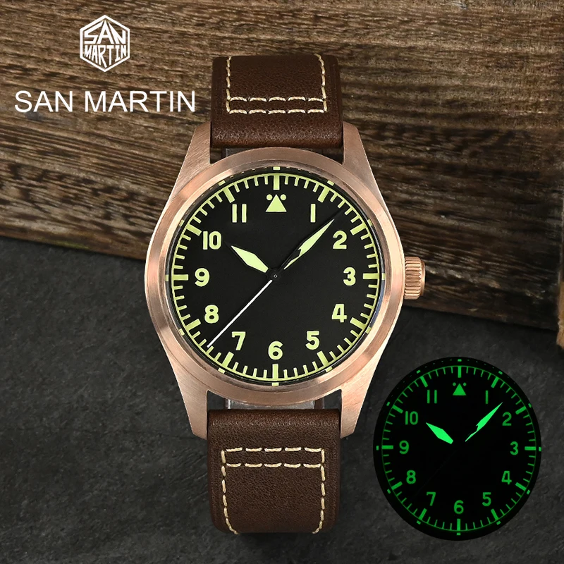 

Часы San Martin Мужские механические, ретро-часы для дайвинга, с бронзовым ремешком на кожаном ремешке, автоматические светящиеся наручные часы ...