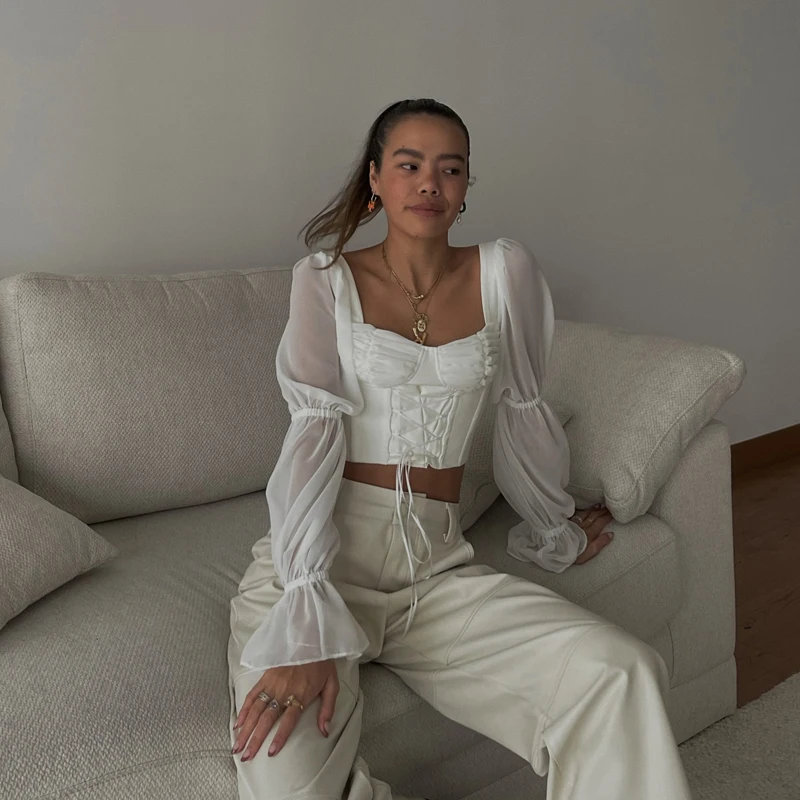 

2022 Autumn Puff Sleeve Vintage Women Long Sleeve Square Neck Bandage Corset Crop Tops Blouses Sexy Elegant Shirts Female