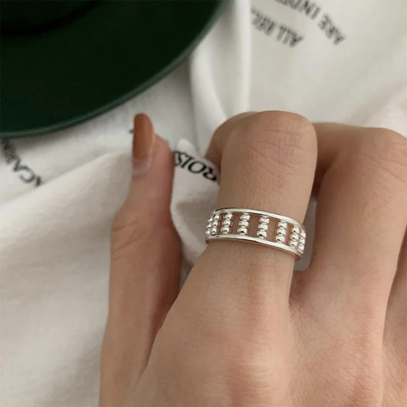 

Minar French Retro Hollow Out Silver Color Beads Wide Chunky Rings for Women Metallic Geometric Adjusting Charm Ring Accessories