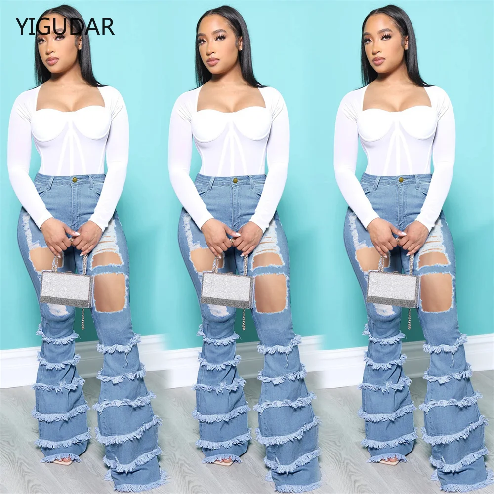 

women ripped jeans Ladies Denim Flare Jeans Women ripped Jeans Denim Skinny Jeans Pants Female Wide Leg Hole Jeans