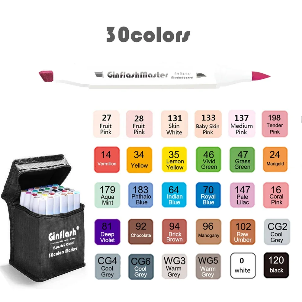 

Ginflash Мягкая кисть и долото Художественные маркеры Кисть Ручка Эскиз Маркеры на спиртовой основе Двойная головка Манга Рисунок Художественные принадлежности
