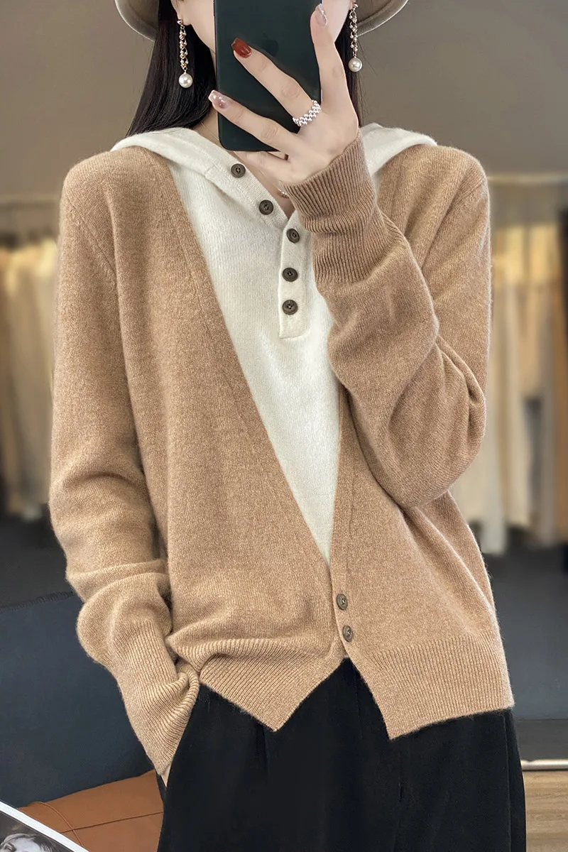 

100% Merino Wool Sweater Hooded Cardigan 2023 Autumn And Winter New Women's Round Neck Splicing Button Pocket Pocket Jacket