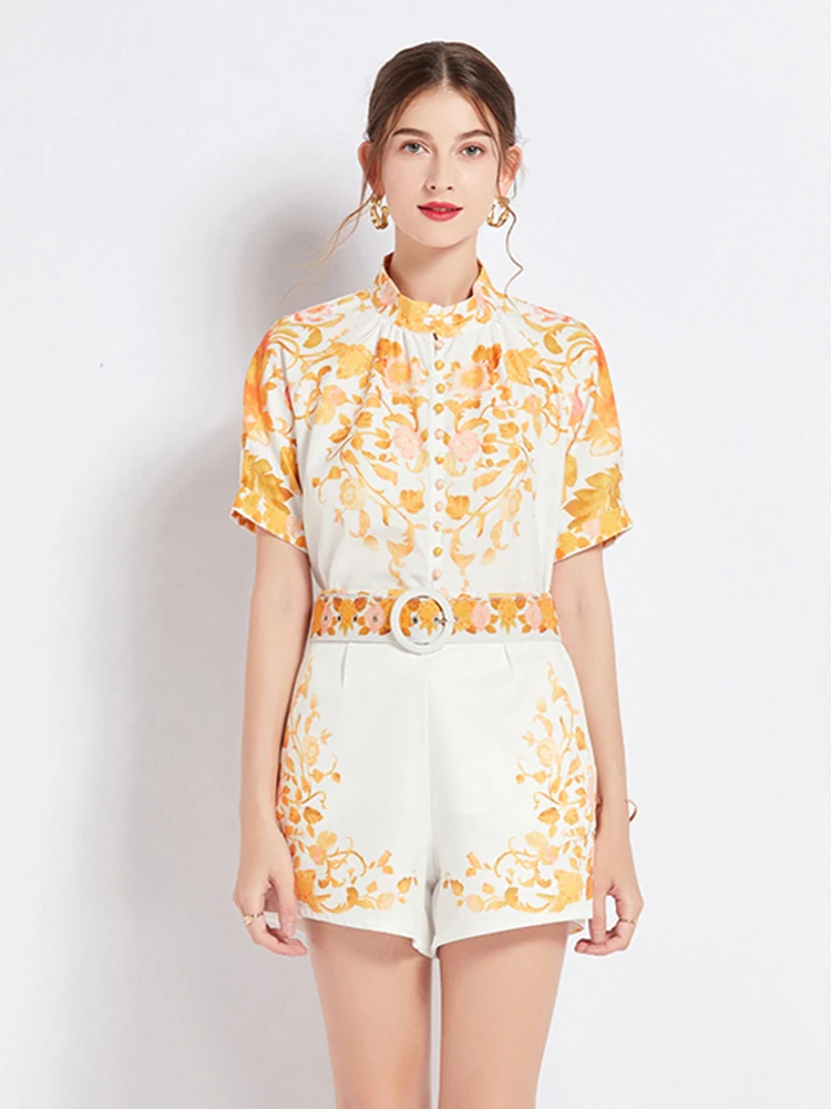 

2023 Spring Summer Runway Flower Shorts Suit Women Long Sleeve Holiday Floral Print Shirt Top + Pocket Shorts 2 Pieces Set N8448