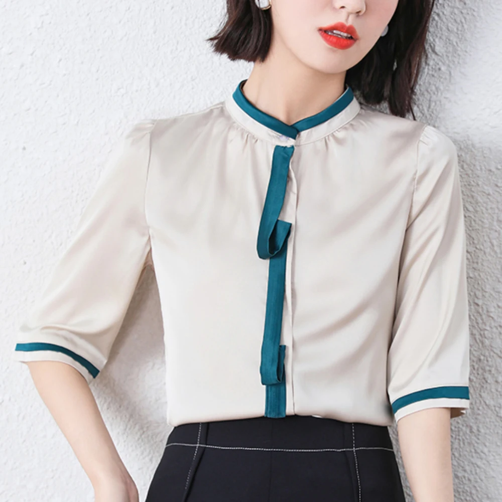 

New Women's Half Sleeve Silk Satin Shirts Chic Ribbon Solid Tops Women 2022 Office Lady Casual Blouses Summer Clothes For Women