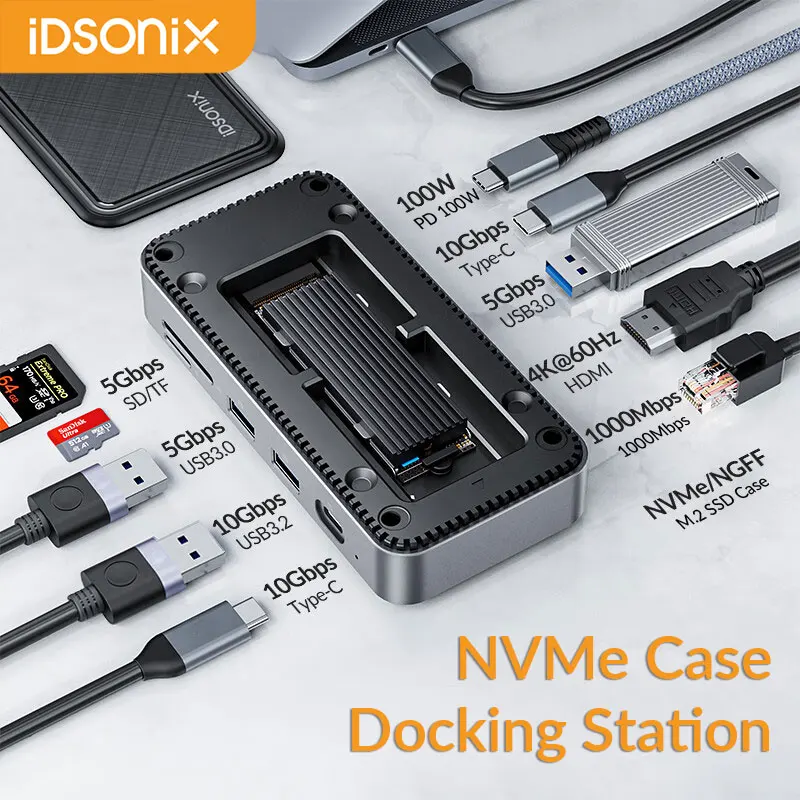 

iDsonix 10 in 1 Docking Station with 4K@60Hz HDMI-Compatible 100W PD USB C Hub with M.2 NVMe & SATA SSD Case Enclosure Adapter
