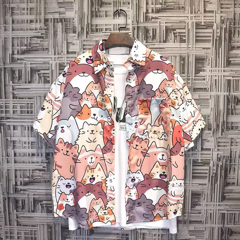 

Japanese Tide Summer Short-sleeved Male Flower Shirt Korean Version of the Trend of Hawaii Loose Ins Tide Couple Harajuku Shirt
