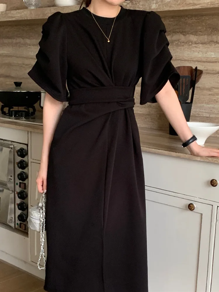 

Платье женское длинное с высокой талией, повседневный винтажный сарафан с круглым вырезом и коротким рукавом, в Корейском стиле, на лето