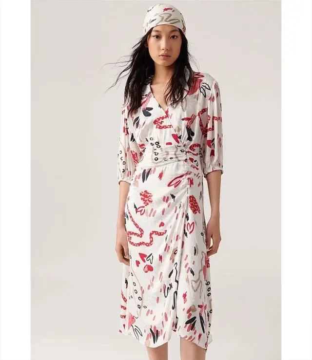 

Women Dress 2023 Early Spring New Wrap Style Graffiti Print Slit Dress