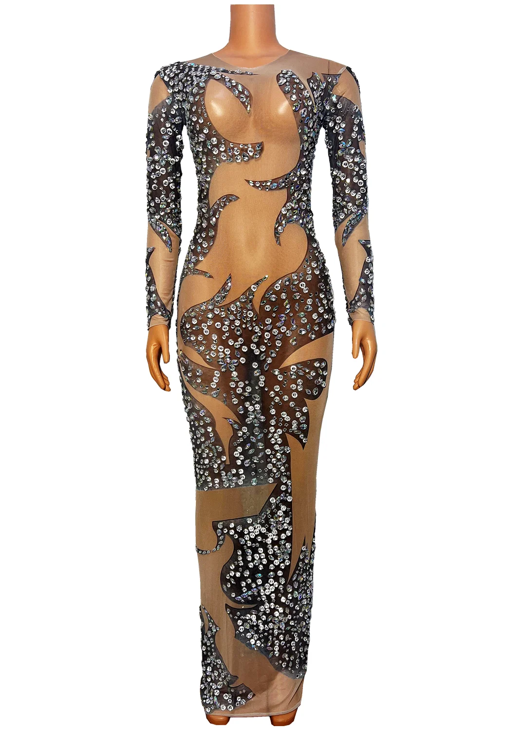 

Long Sleeves Transparent Rhinestone Dress Stage Bar Dancer Performance Outfit Birthday Celebrate Evening Mesh Costume