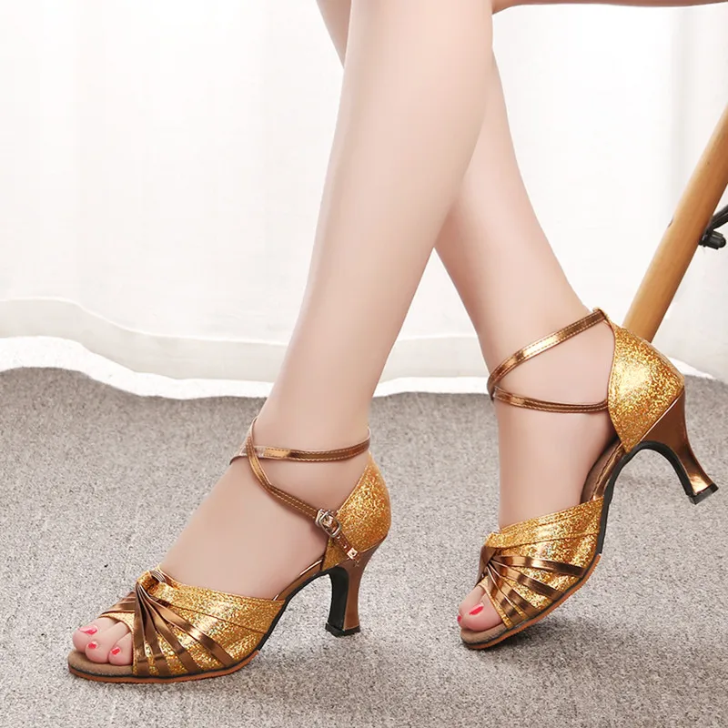 Professional Women Latin Modern dance shoes Ballroom medium high heel dance shoes drill Soft soled Cha cha tango dance shoes