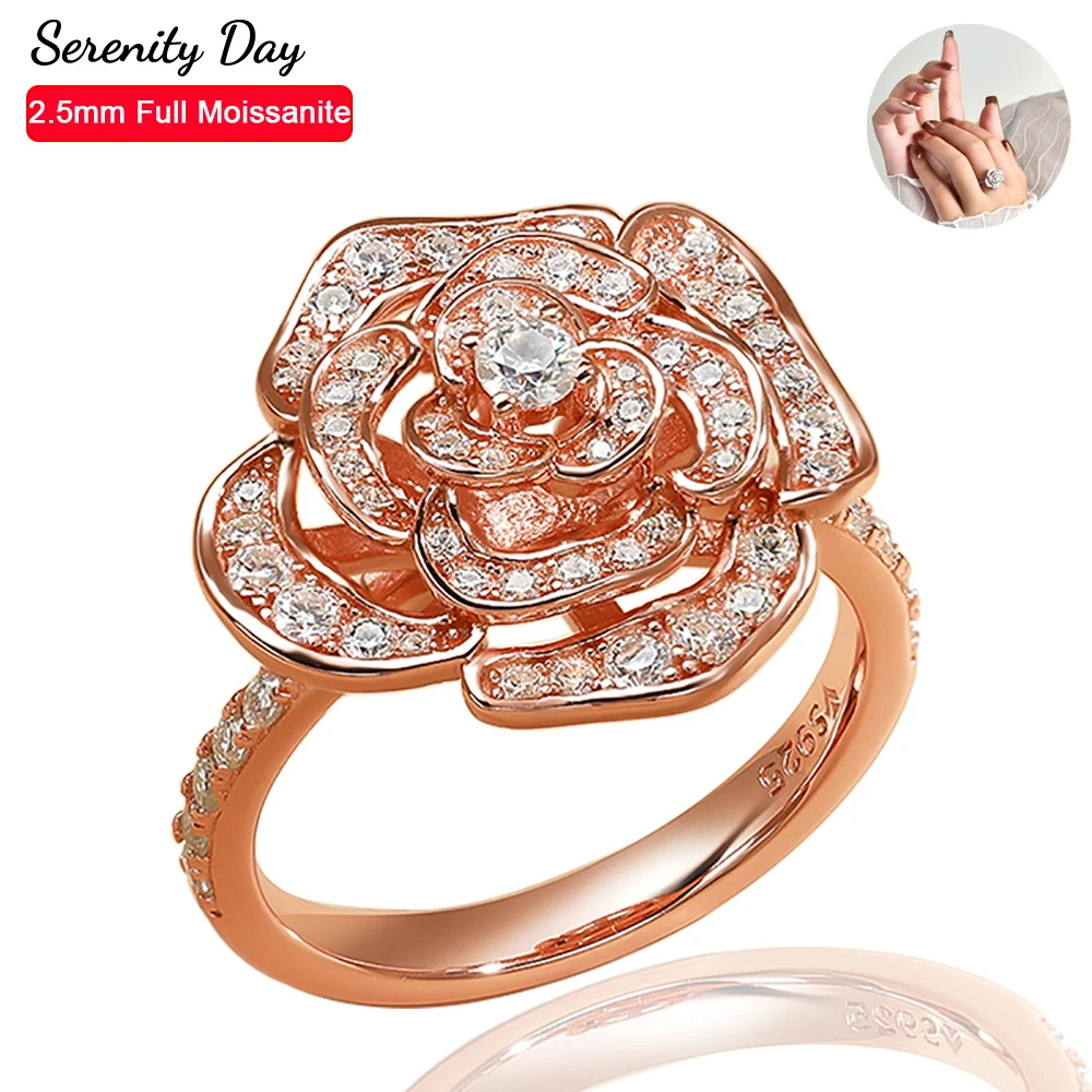 

Serenity Day Real D Color 1.6mm 2.5mm Full Moissanite Rose Flower Rings For Women 100% S925 Sterling Silver Bands Fine Jewelry
