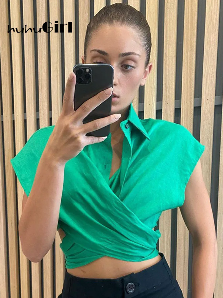 

Летние повседневные кроп-топы Huhugirl 2022, женские футболки, однотонные бандажные футболки с отложным воротником и пуговицами, модные женские р...