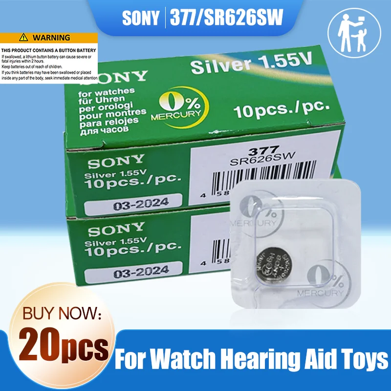 20 шт. оригинальный SONY 377 377A SR626SW AG4 SR626 LR66 LR626 AG 4 1 55 в оксид серебра батарейка для