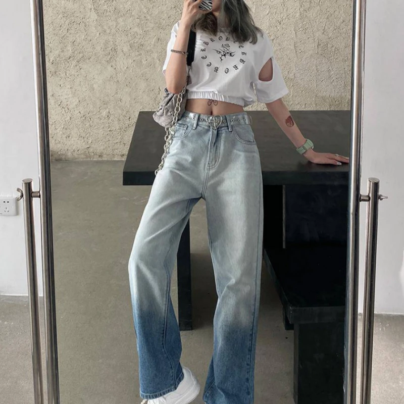 2023 New High-waist Gradient Jeans Female Summer Slim Straight-leg Pants New Autumn Plus Size Street Tie-dye Stitching Jeans
