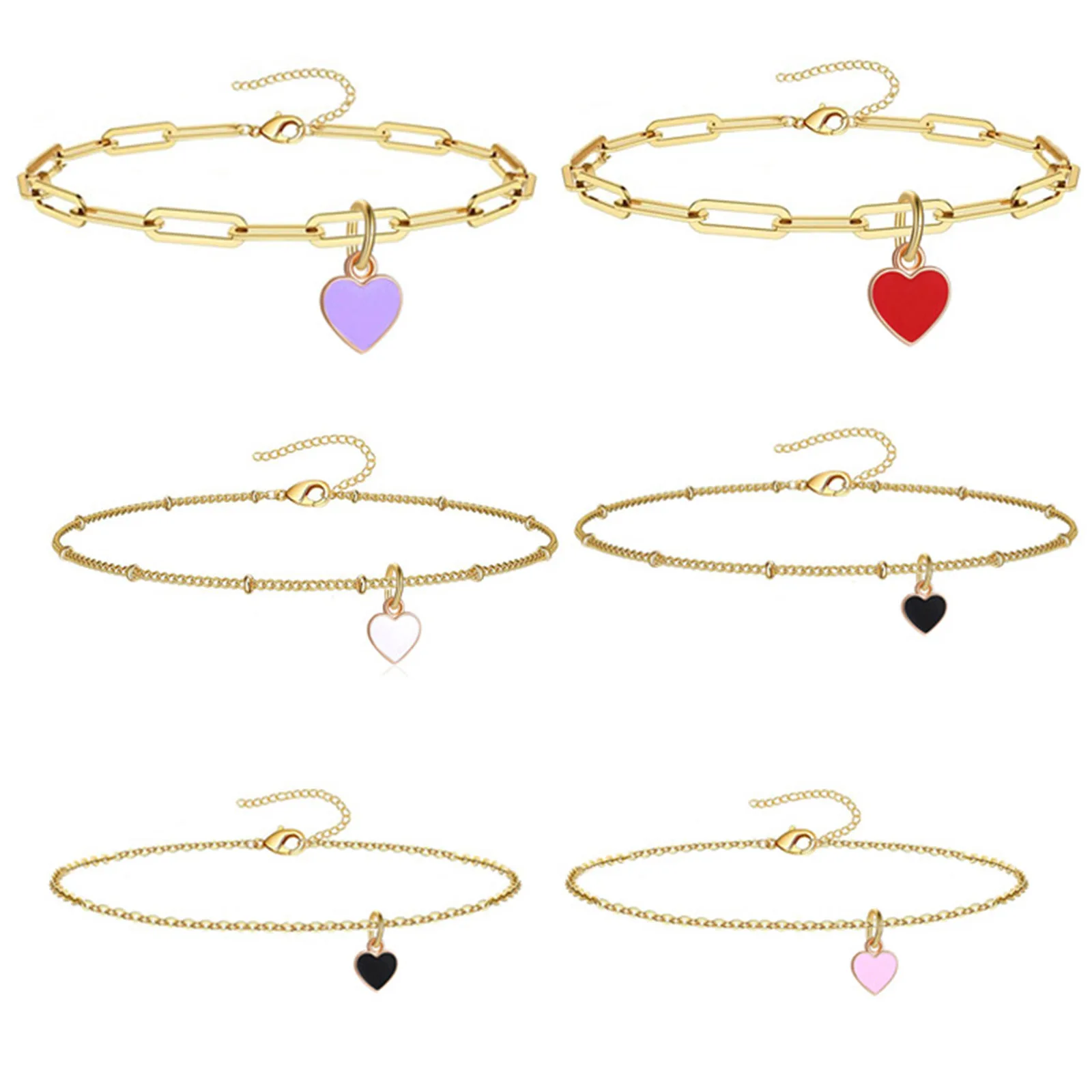 Stainless Steel Anklet Gold Color Link Chain Enamel Heart Summer Beach On Foot Ankle Bracelet Valentine's Day Jewelry 21cm long