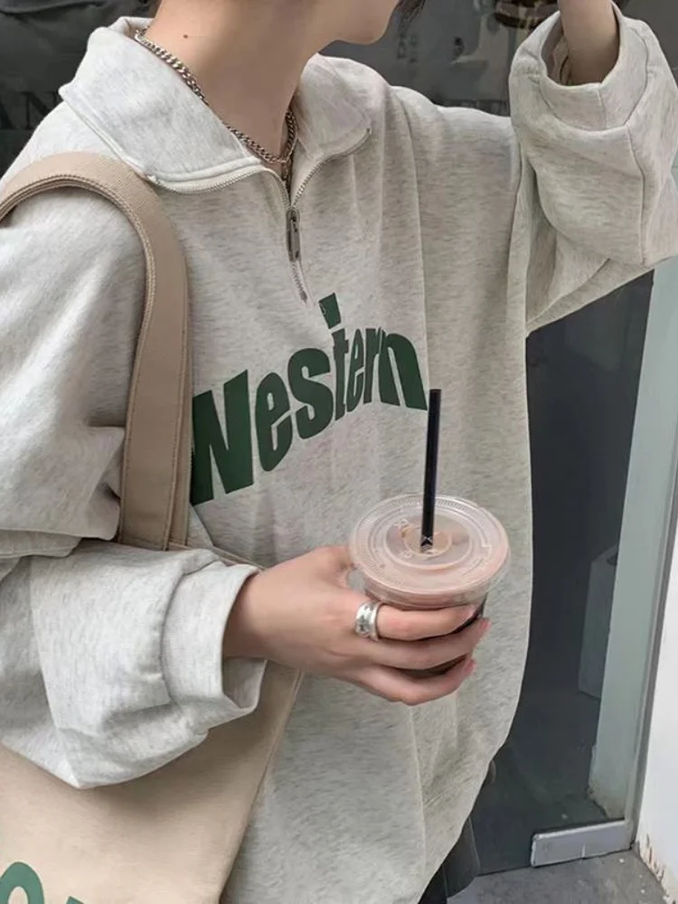 

Deeptown Harajuku Oversized Hoodies Women Vintage Gray Zipper Sweatshirt Retro Loose Long Sleeve Winter Pullover Tops Streetwear