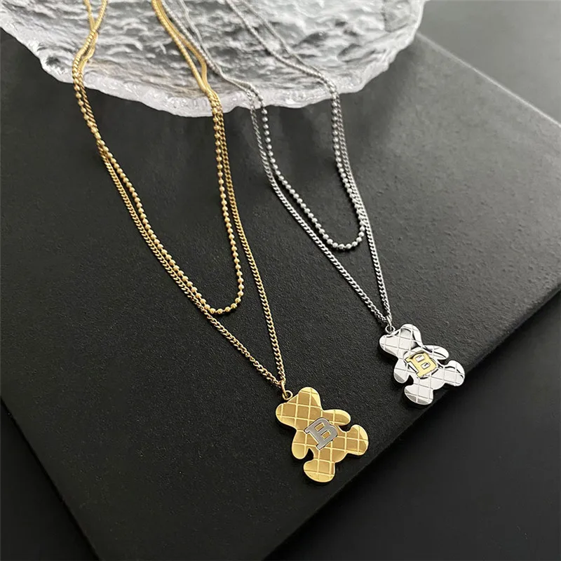 

Titanium Steel Cute Little Bear Letter Pendant Necklace Women Personality Double Layer Chain Jewelry