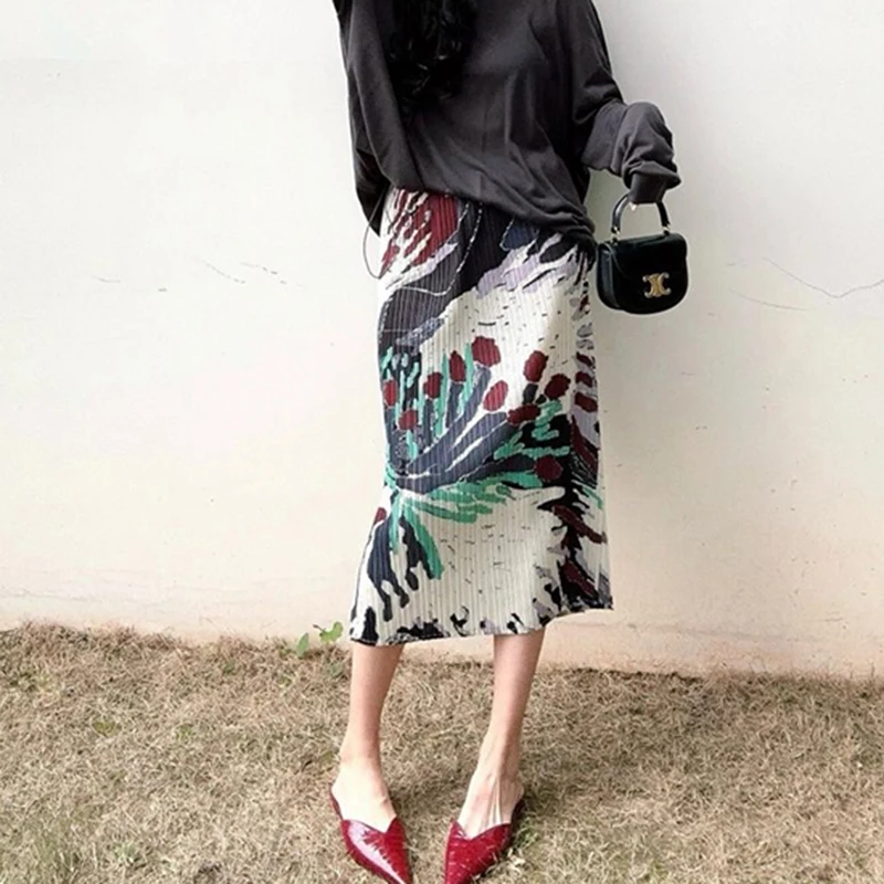 Юбка-миди Женская плиссированная трапециевидная с цветочным принтом и разрезом