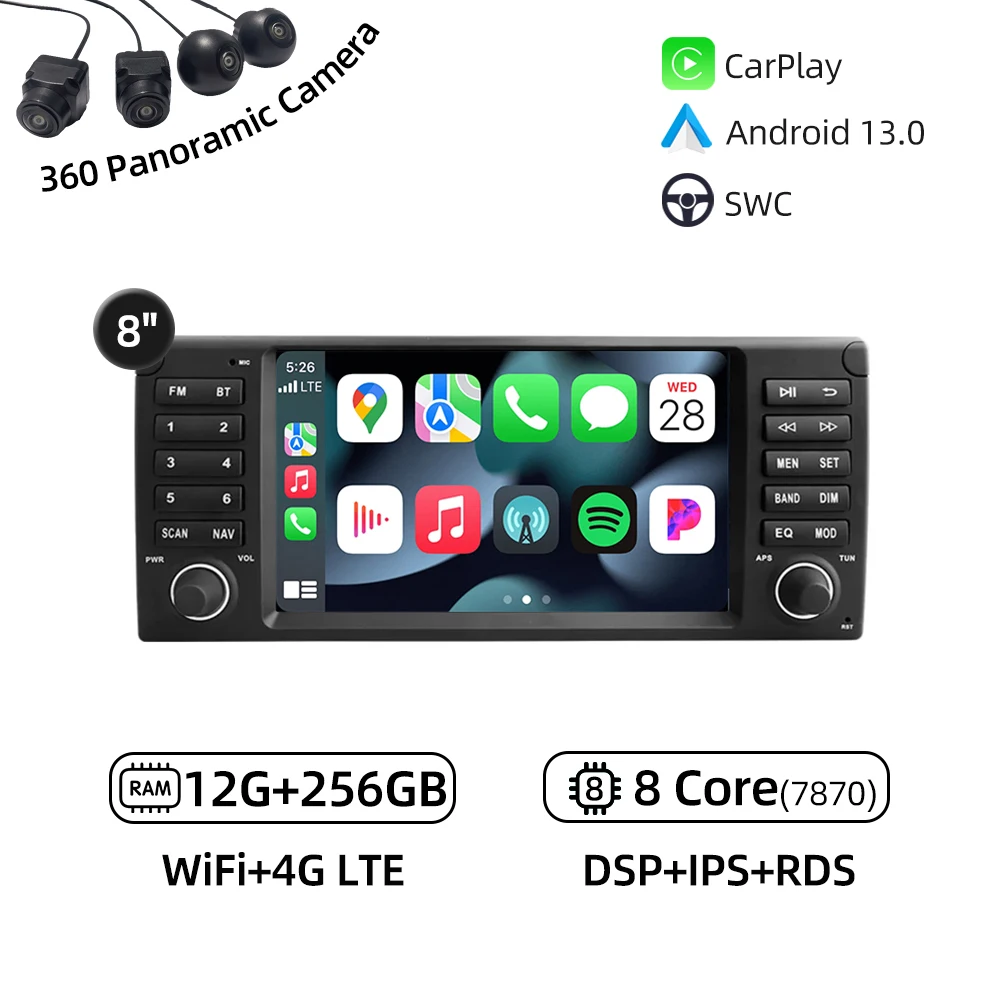 Android 14.0 CarPlay GPS-навигация 4G WiFi Bluetooth Автомобильный мультимедийный плеер RDS Стерео Автомобильное радио для BMW E39 M5 E53 X5 1995-2007