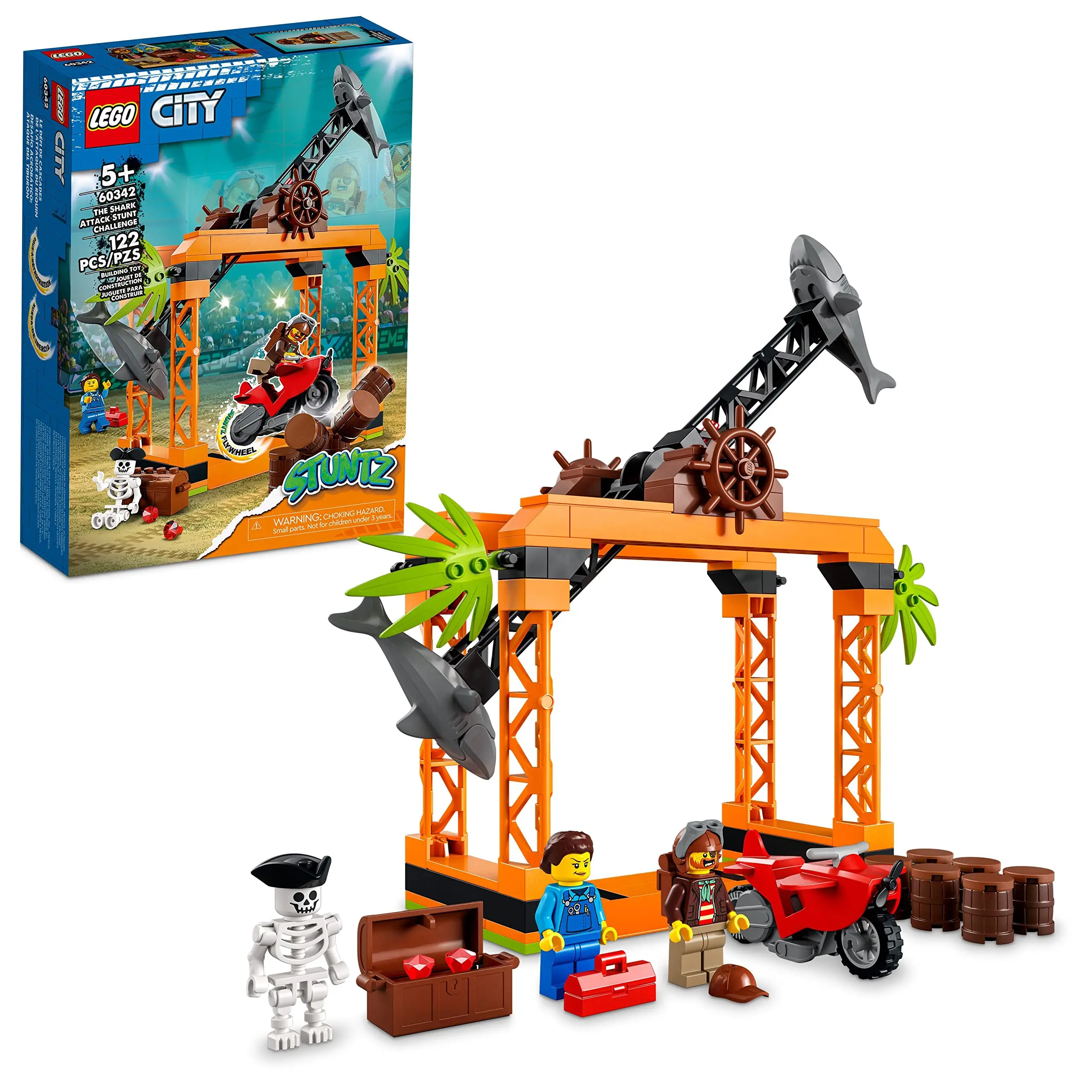 

LEGO City Stuntz The Shark Attack Stunt Challenge 60342 Adventure Series Toy with Flywheel Powered Stunt Bike & Racer Minifigure