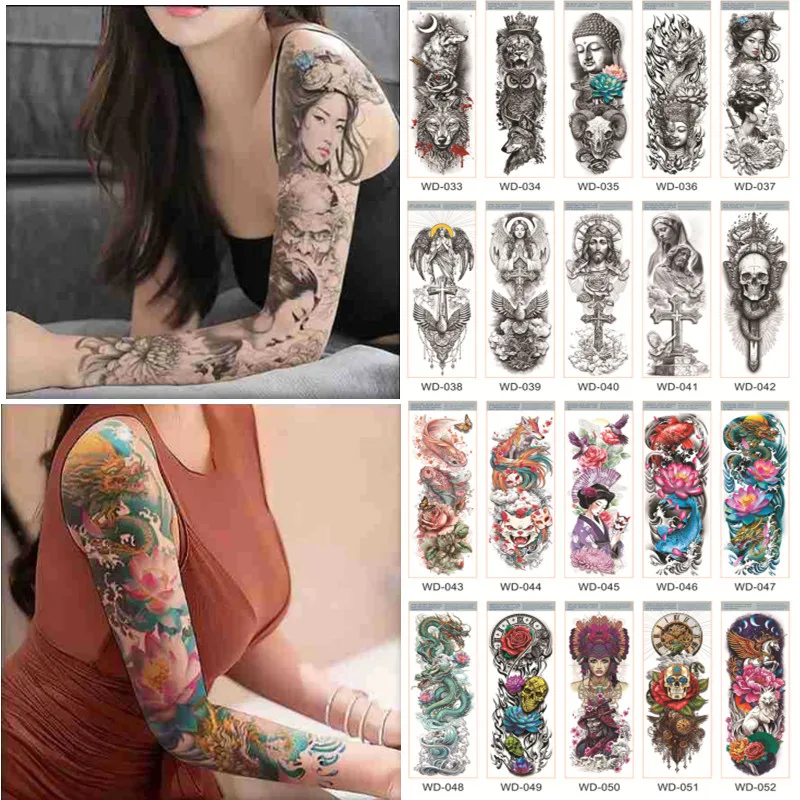 

Large Full Arm Temporary Tattoos Man Women Wolf Buddha Lion Waterproof Sleeve Fake Tattoos Stickers Tatuajes Temporales Hombre