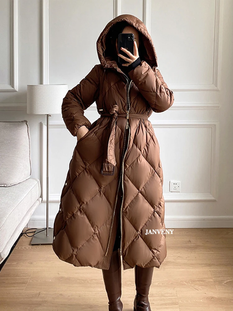 

Janveny 2022 Elegant New Women Winter Lingge Fluffy Puffer Jacket Women Thickened Warm Hooded Belt Over The Knee Duck Down Coat