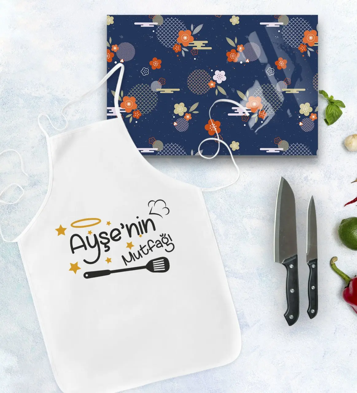 

Персонализированный кухонный фартук и поднос для резки стекла, подарочный набор, модель 27