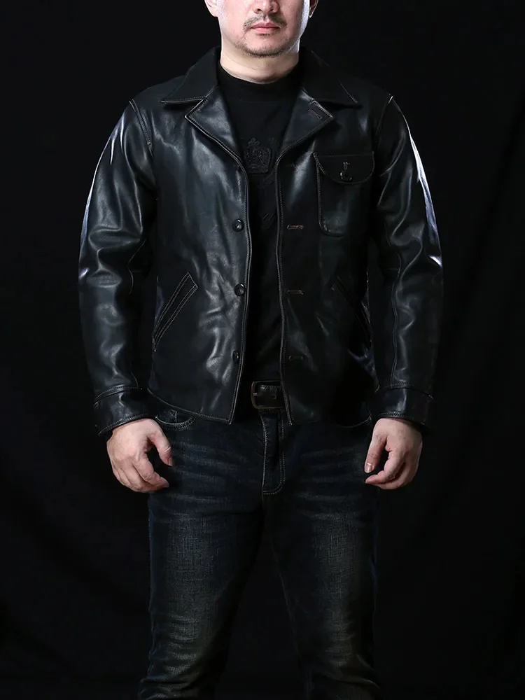 

YR!Free shipping.Black oil wax horsehide jacket,Mens classic safari style coat.quality vintage leather clothing.