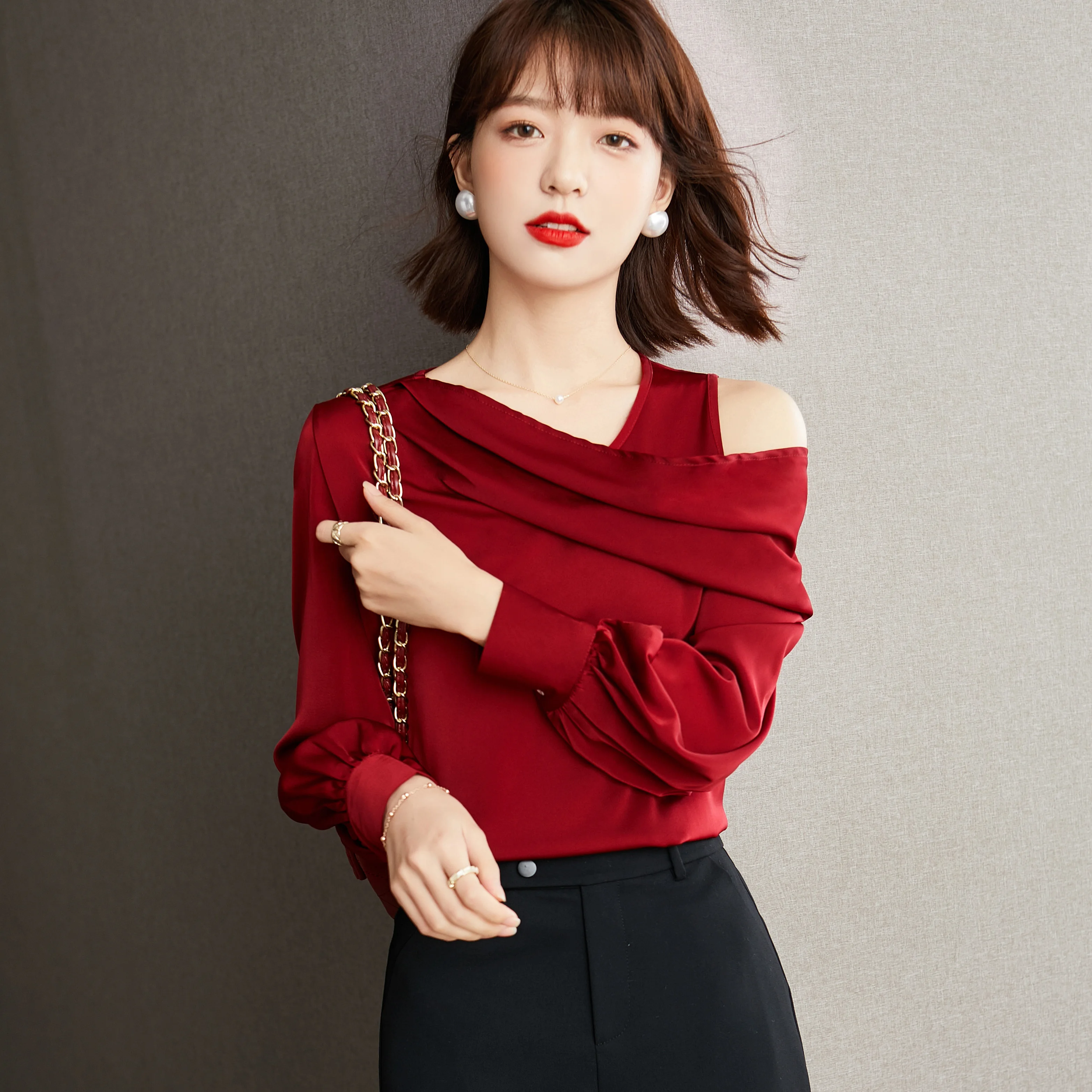 

French Off One Shoulder Blouses Women Irregular Neck Satin Shirts Women Long Sleeve Wine Red Shirt
