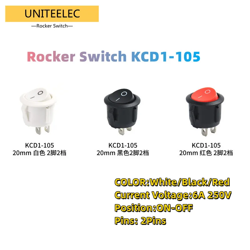 

Uniteelec White/Red/Black Round 6A 250 Mounting Daimeter 20mm KCD1-105 2PINS ON-OFF