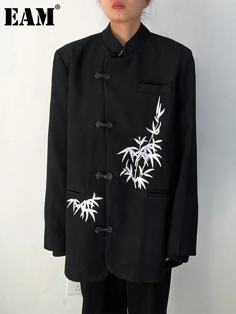 

[EAM] Women Black Embroidery Big Size Blazer New Stand Collar Long Sleeve Loose Fit Jacket Fashion Spring Autumn 2023 1DF5872