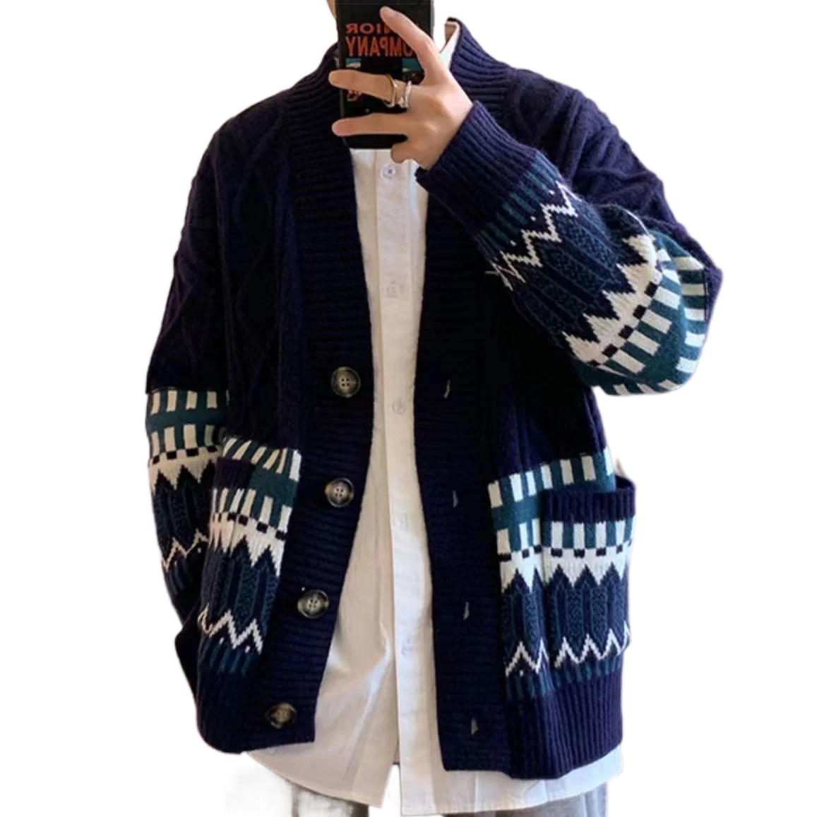 

Rhombus plaid retro cardigan men's knitted sweater 2022 spring and autumn new loose V-neck couple street casual lazy style top