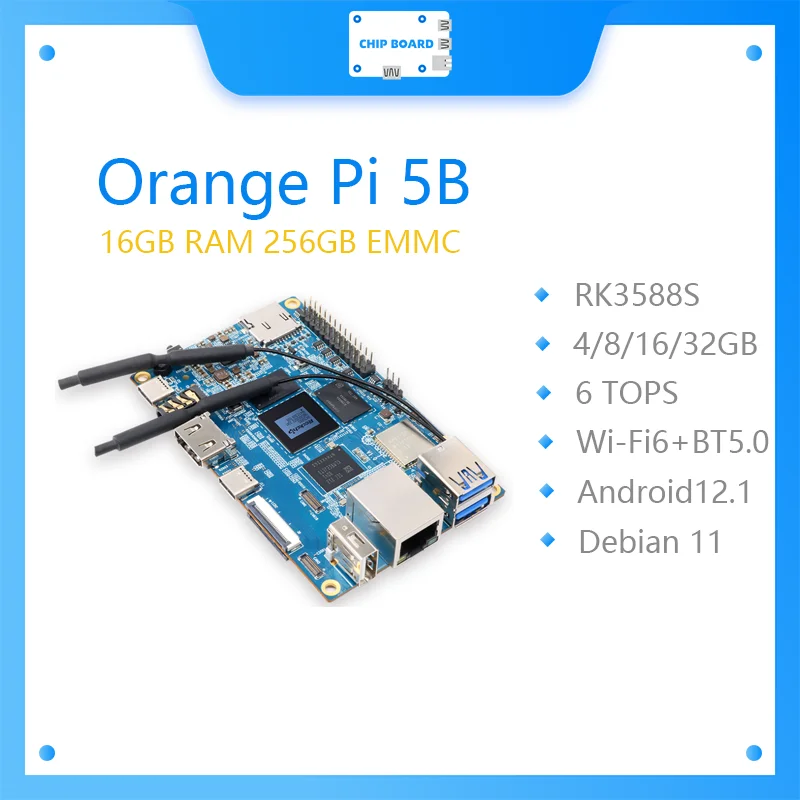 

Orange Pi 5B 16G RAM+256G EMMC 64-bit Rockchip RK3588S Dual-band On-board WIFI+BT Gigabit Lan Port Mini PC Single Board Computer