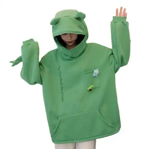 Women Men Hoodie Cartoon Frog Shape Hooded Zipper Pullover Big Patch Pocket Unisex Letter Embroidery Winter Hoodie Adult Clothes