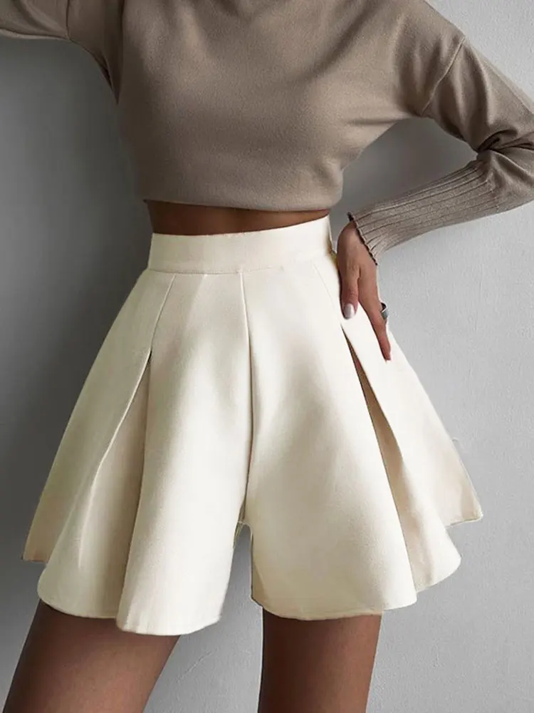 

Летние Плиссированные трапециевидные женские шорты с завышенной талией, повседневные свободные однотонные базовые прямые шорты, женская модель 2023 Y2k