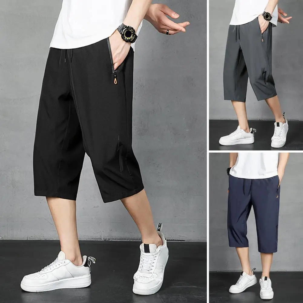 

Stylish Men Trousers Soft Beach Pants Solid Color Ice Silk Loose Cropped Pants Dressing Up