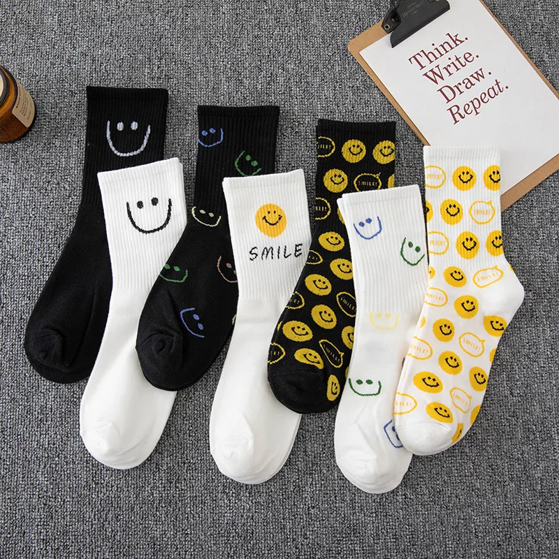 Cotton Women Socks Solid Color Black White Smile Face Socks Harajuku Hip Hop Skateboard Crew Sock Casual Unisex Men Women's Sock