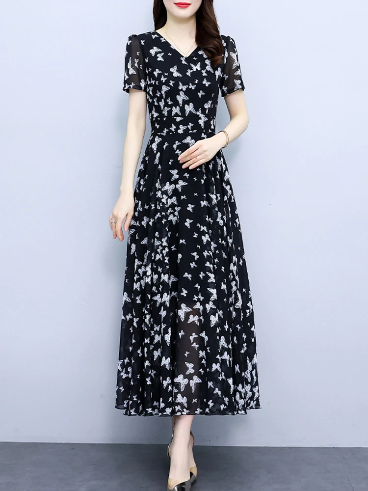 

Повседневное платье-миди с цветочным рисунком в стиле бохо, пляжные модные элегантные платья в Корейском стиле, летняя одежда, женское длинное шифоновое облегающее вечернее платье 2023