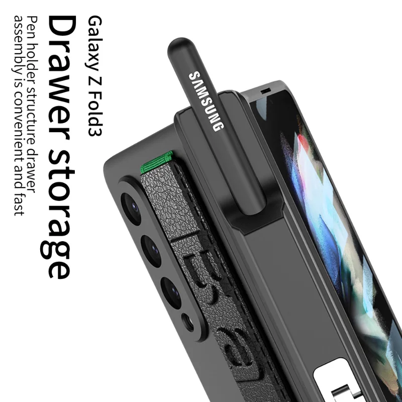 Luxury Case for Samsung Z Fold 3 Case with Elastic Wrist Band Shockproof Cover for Galaxy Z Fold3 Case with S Pen Slot