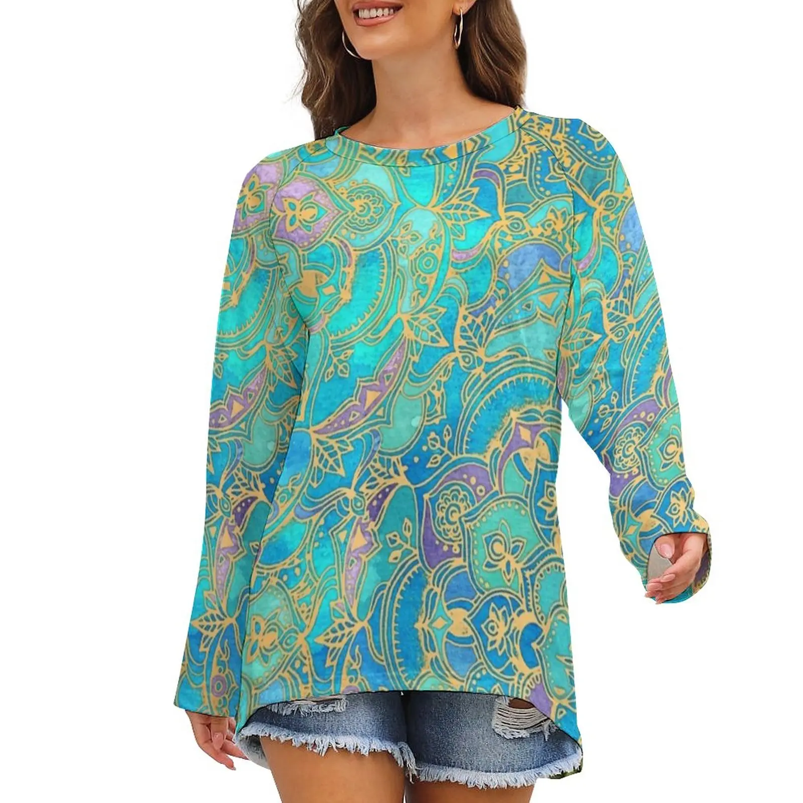 

Metallic Gold Retro T-Shirt Boho Mandalas Street Wear Long Sleeve T Shirts Print Aesthetic Tee Shirt Womens Autumn Big Size