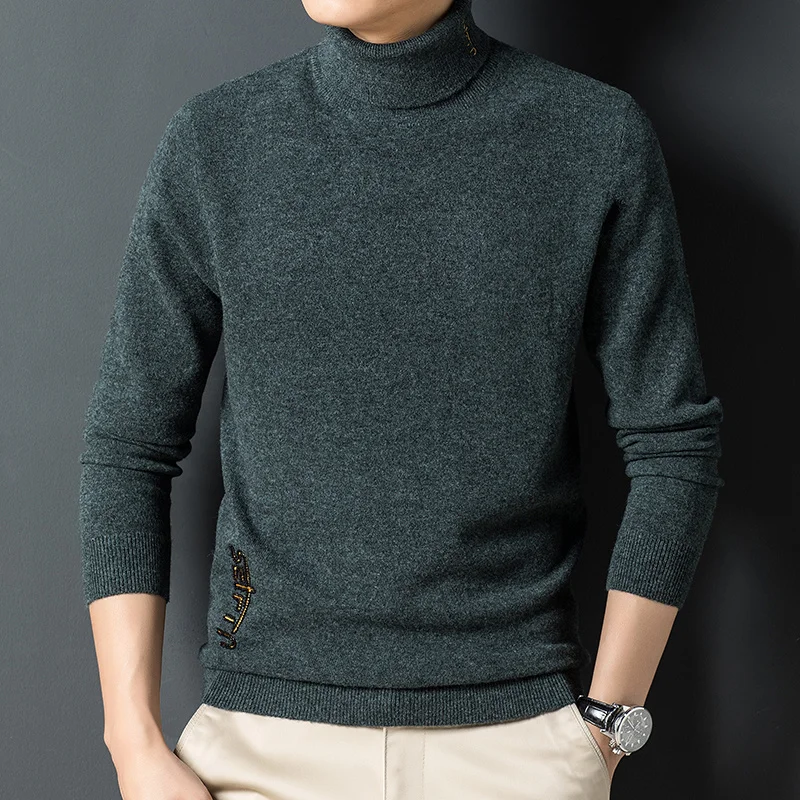 100% Men's pure wool turtleneck sweater autumn winter Korean jacquard casual slim fit high texture bottomed shirt