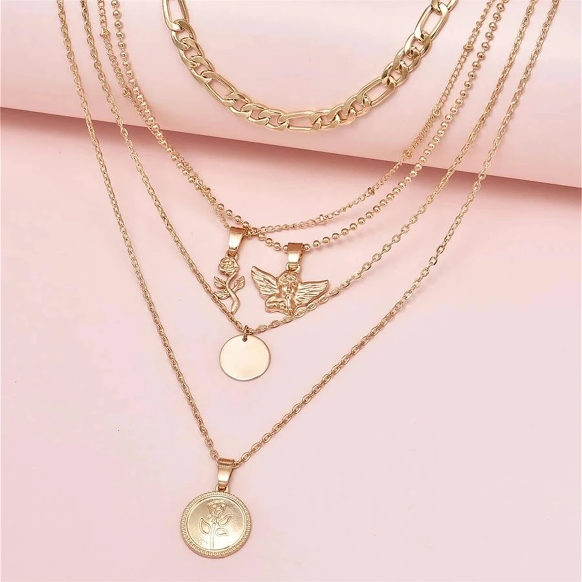 

Layered Flower Angel Pendant Necklace for Women Gold Necklace Fashion Jewelry for Women Collares Para Mujer Collares Collar