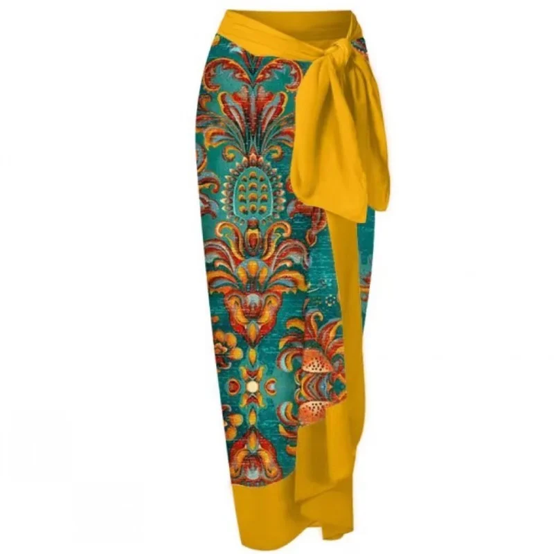 Two 2 Piece Women Matching Skirt Sets Summer Vacation Beach Bikini One Piece Swimsuit Vintage Print Slit Sunscreen Long Skirt