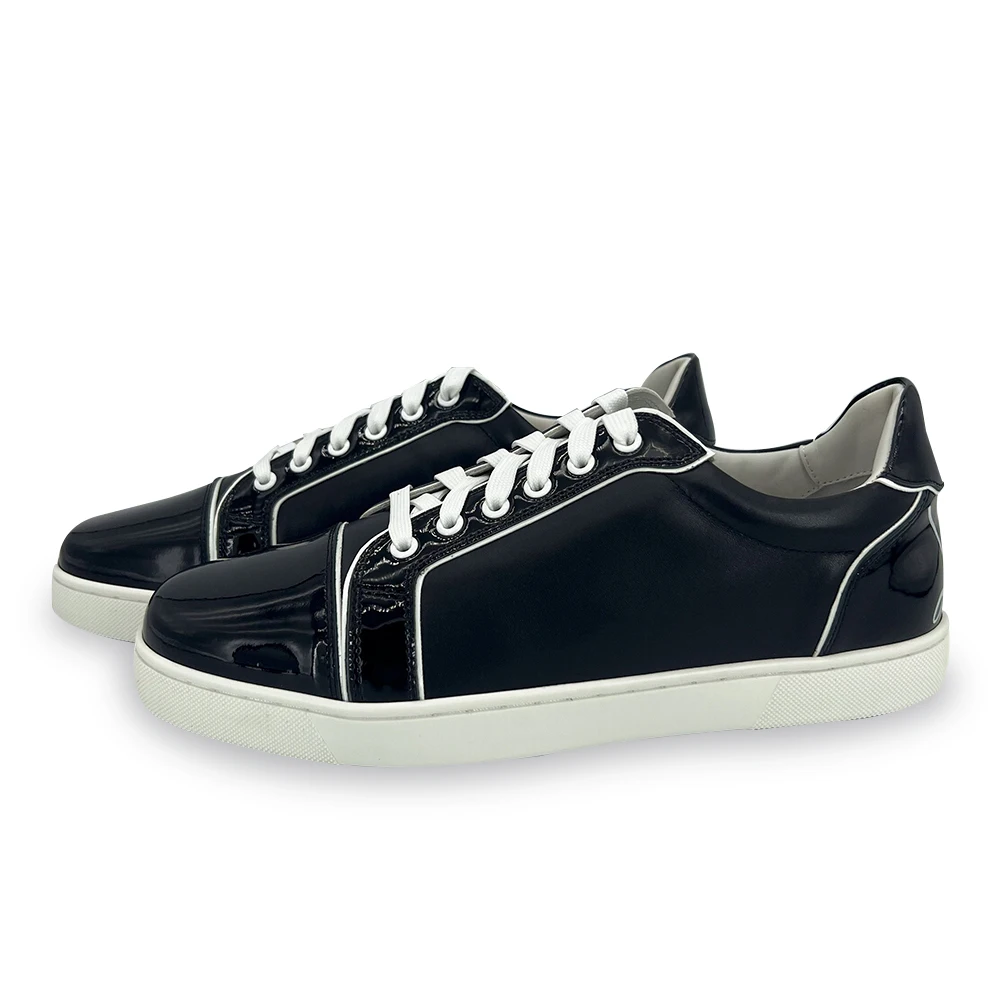 

Luxury Glossy Calfskin Leather Suede Casual Shoes Patchwork Low Top Sneakers For Women Men Fashion Black Shoes Trainers
